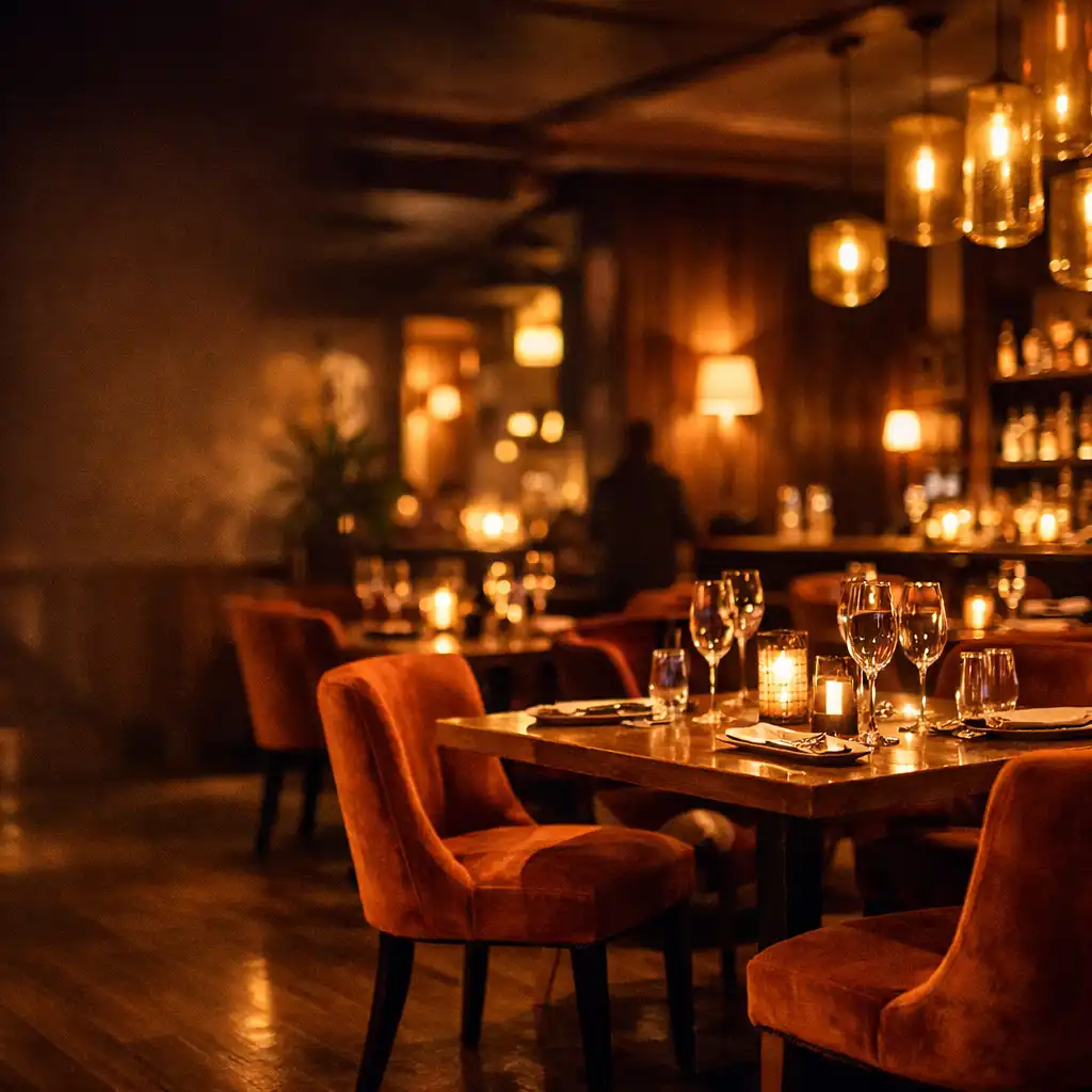 Eleganckie wnętrze restauracji nocą z ciepłym światłem