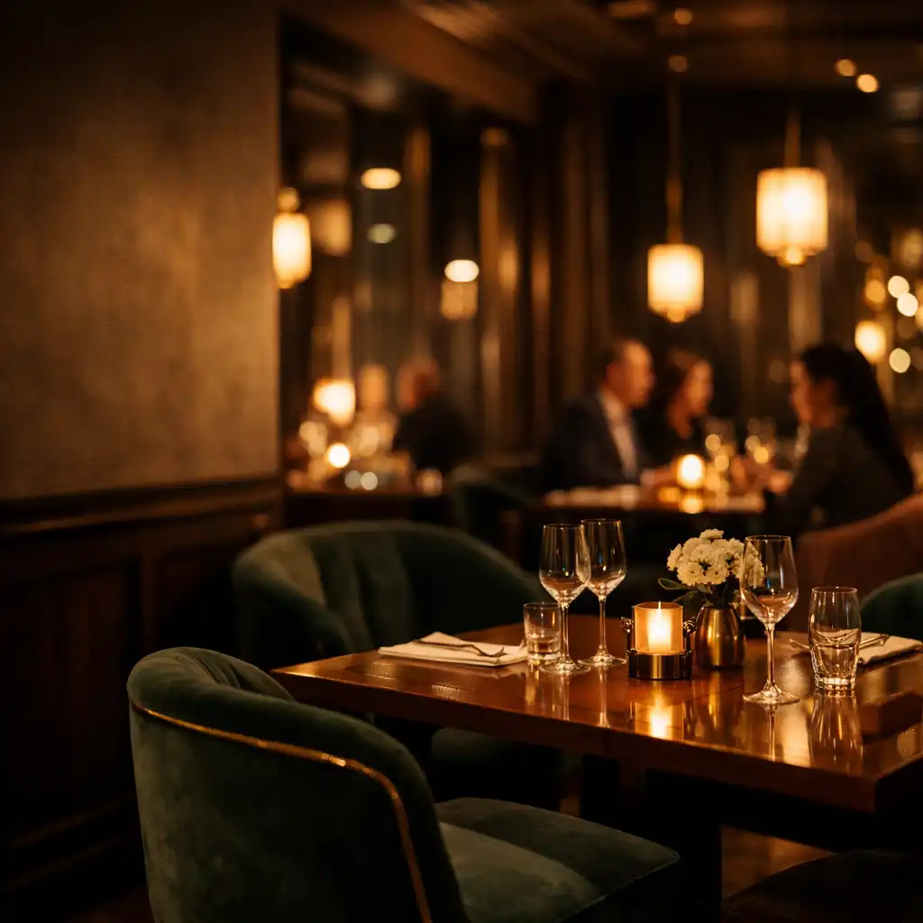 Eleganckie wnętrze restauracji z nastrojowym światłem