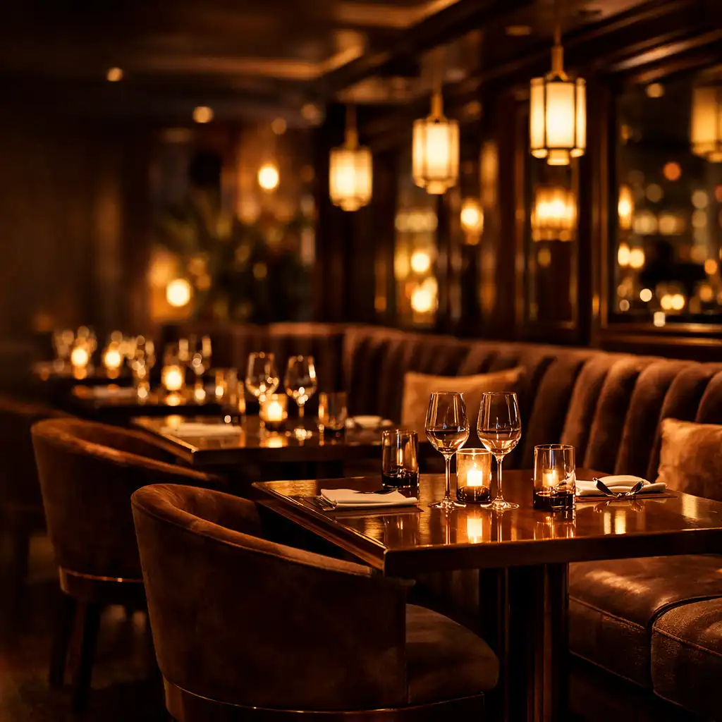 Eleganckie wnętrze restauracji nocą z ciepłym światłem i aksamitnymi siedziskami