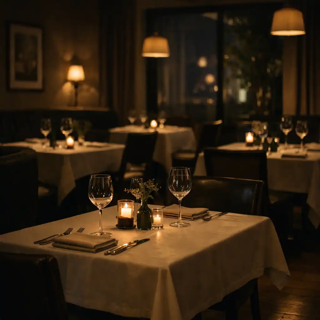 Kameralne wnętrze restauracyjne nocą