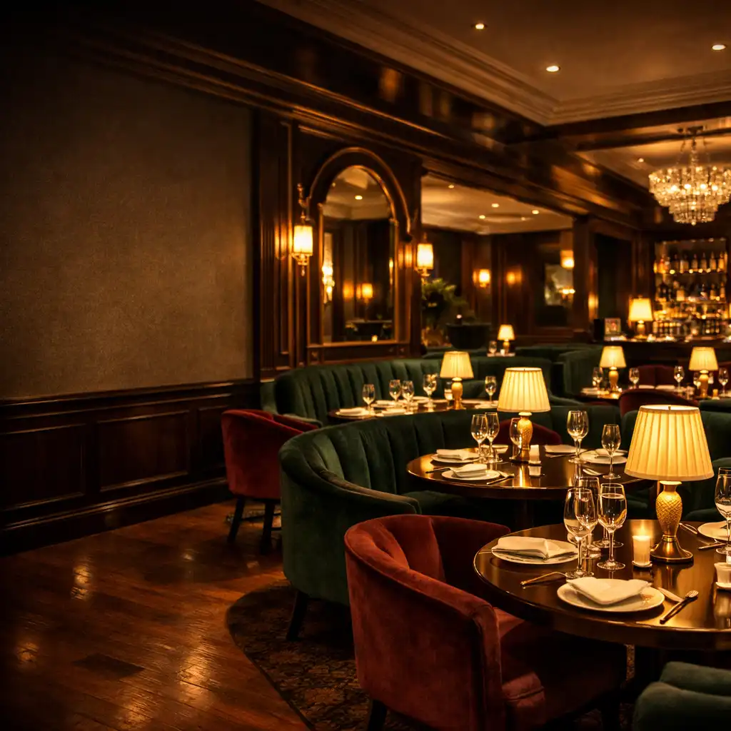 Eleganckie wnętrze restauracji premium z nastrojowym światłem