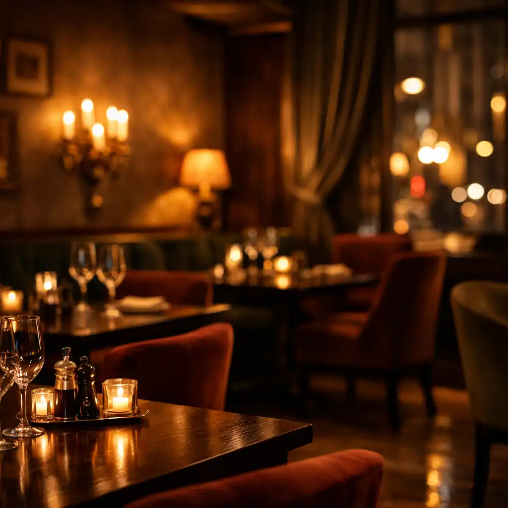 Eleganckie wnętrze restauracji nocą, spokojna atmosfera